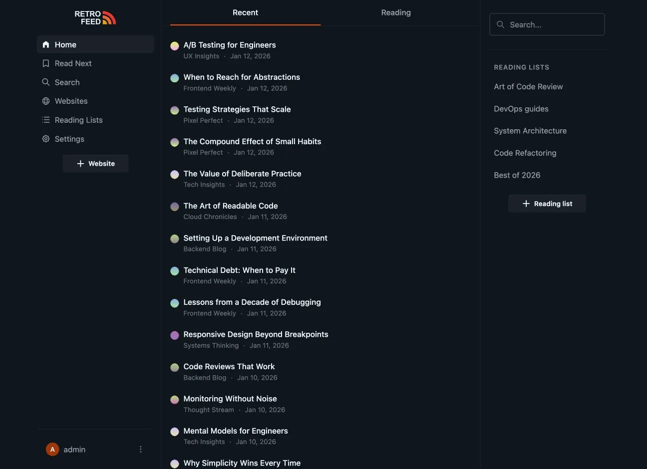 retrofeed interface showing blog archives
