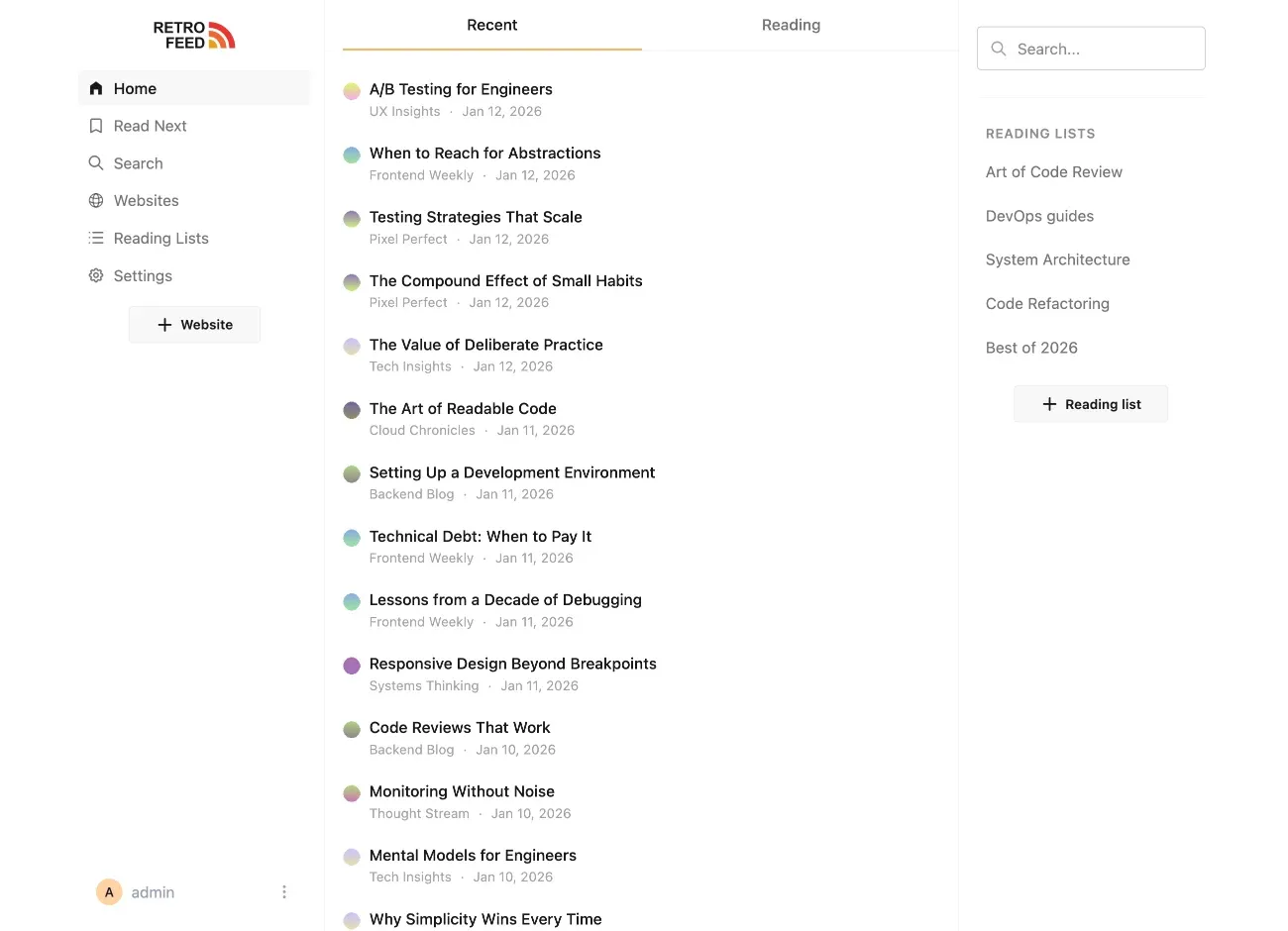 retrofeed interface showing blog archives